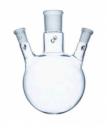 Колба трехгорлая, круглодонная, 500 мл, с 3-мя горловинами под углом  29/32 14/23 14/23, с зацепами КГУ-3, 9 шт., Россия