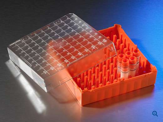 Штатив для хранения криопробирок 1-2 мл, 81 место, поликарбонат, с крышкой, оранжевый, 5 шт./уп., 10 шт./кор.