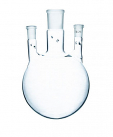 Колба трехгорлая, круглодонная, 4000 мл, с 3-мя вертикальными горловинами, 45/40 14/23 14/23, с зацепами, 1 шт., Россия