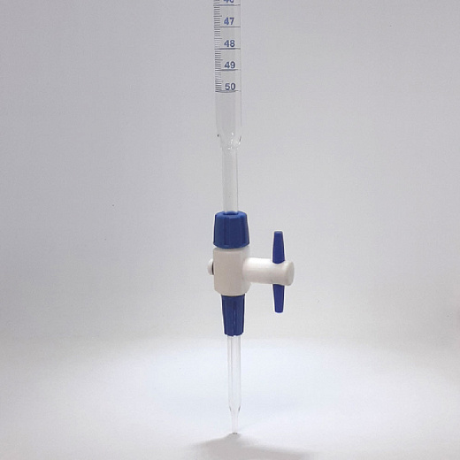 Бюретка 50 мл, ц.д. 0,1 мл, класс AS, тип 2, исп. 1, с прямым съемным тефлоновым краном, полоса Шеллбаха, сертиф., 1 шт., Glassco