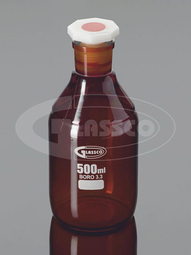 Бутыль 30 мл, БС до 500 °С, со шлифом и ПЭ пробкой, круглая, темное стекло, 10 шт./уп., Glassco